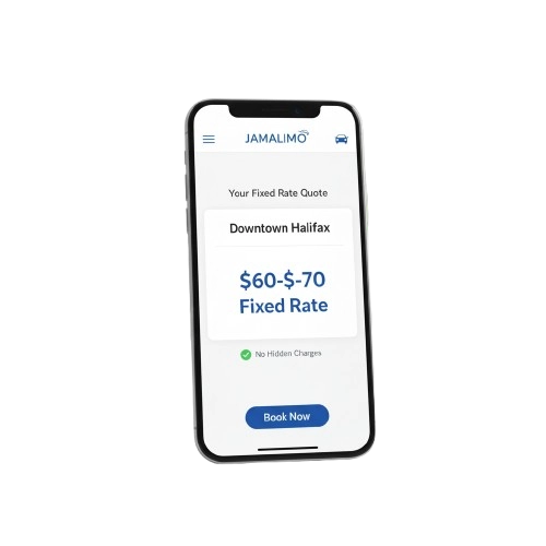 clean, modern screenshot of a mobile phone screen clearly displaying a JAMALIMO fixed-rate quote for Downtown Halifax, showing $60-$70 Fixed Rate clean, modern screenshot of a mobile phone screen clearly displaying a JAMALIMO fixed-rate quote for Downtown Halifax, showing $60-$70 Fixed Rate