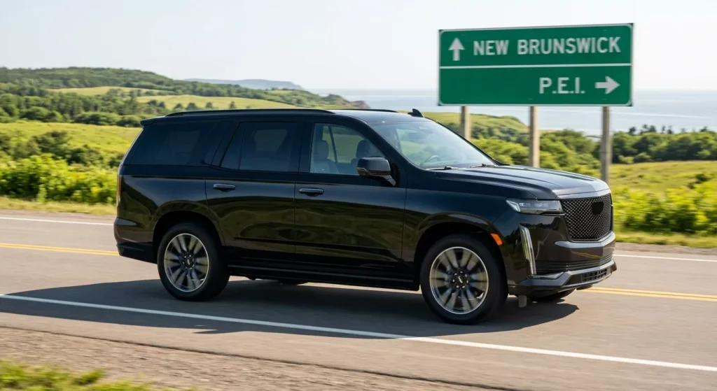 A sleek black luxury SUV driving on a scenic highway with green hills and the ocean in the background, passing a green road sign for New Brunswick and P.E.I.