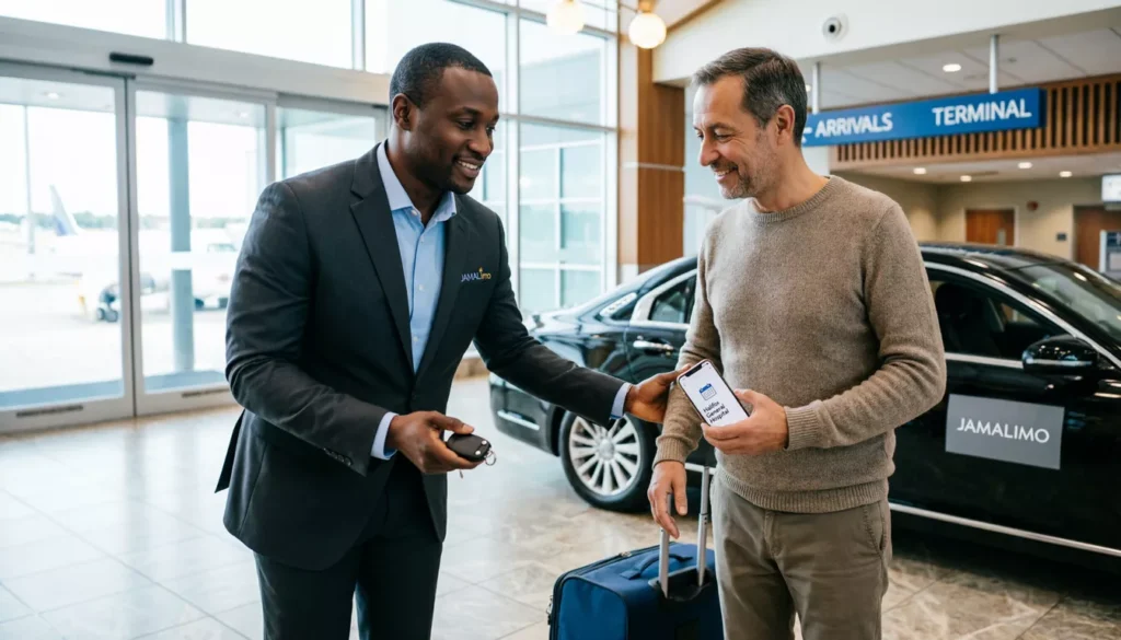 JAMALimo chauffeur helping patient passenger near YHZ airport sign for medical appointment transport