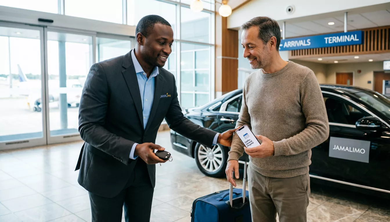 JAMALimo chauffeur helping patient passenger near YHZ airport sign for medical appointment transport