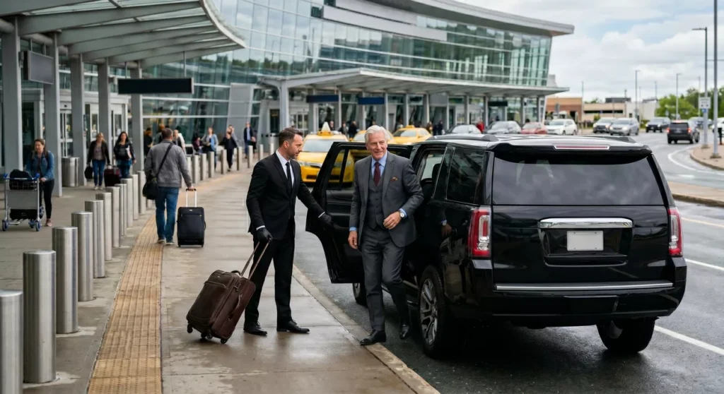A professional chauffeur service picking up a client at the Halifax Stanfield International Airport terminal