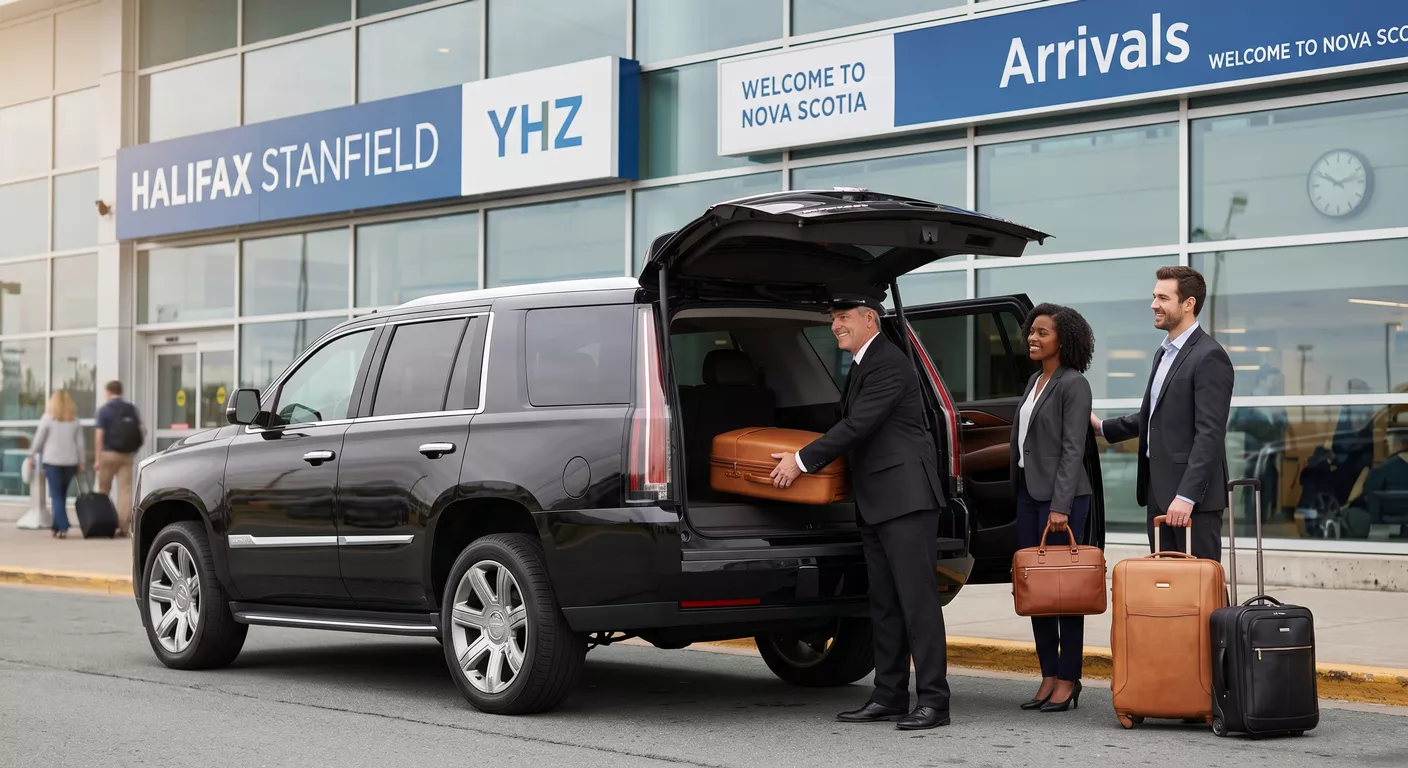Chauffeur helping two business professionals load premium luggage into a luxury black executive SUV outside the Halifax Stanfield International Airport (YHZ) arrivals terminal.